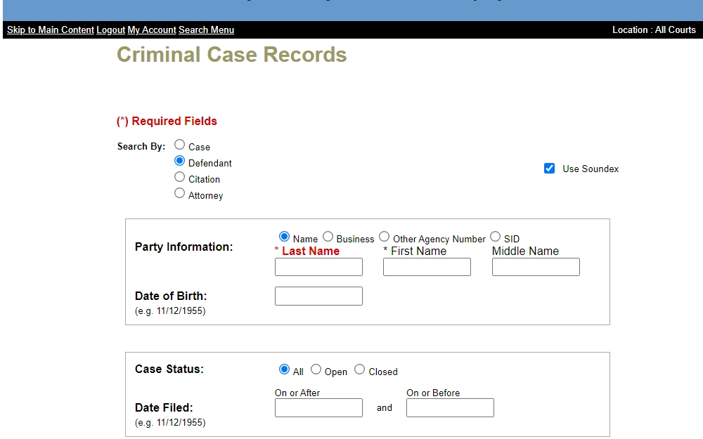 A screenshot of the Criminal Case Records Inquiry tool of the Taylor County Court that can be searched by providing either the case, defendant, citation, or attorney information displaying the defendant option wherein the searcher will need to enter the last and first name and other details.