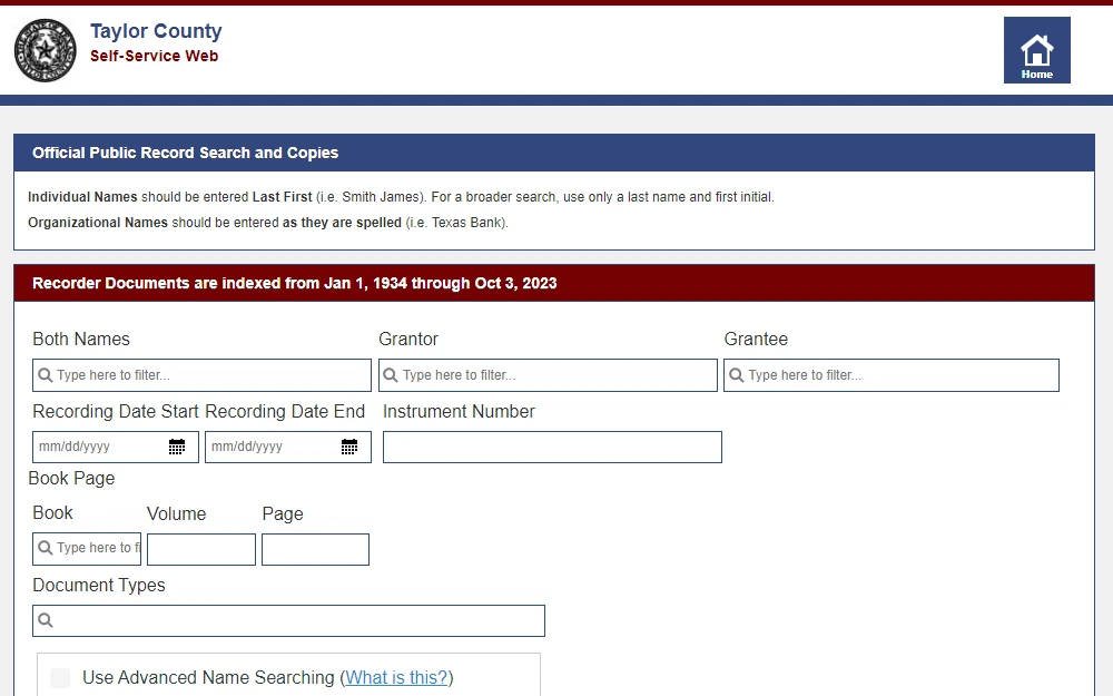 A screenshot of one of the search tools maintained by the Taylor County Clerk's Office, the Official Public Record Search and Copies that is searchable by providing the last name and first name for a broader search and other details for a more specific search.
