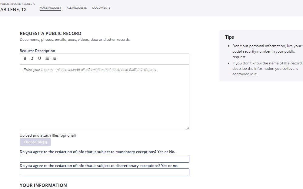 A screenshot of the Public Record Request of Abilene, Texas that is fillable online, requiring the following information: request description, requester's information, and other details needed to identify the record an individual is looking for.