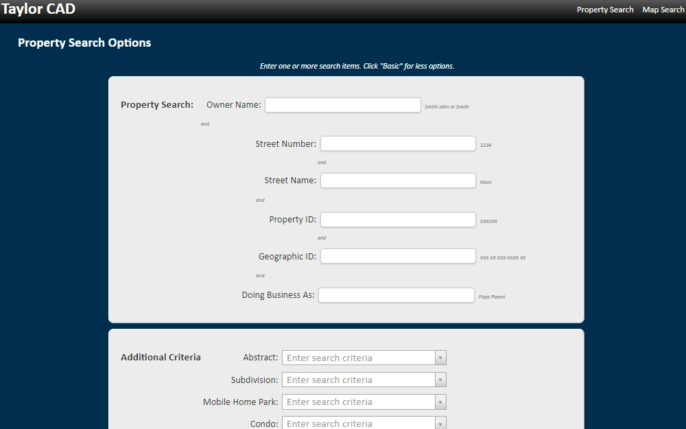A screenshot of the Property Search tool of the Taylor County Central Appraisal District that is searchable by providing the owner's name, property address, property ID, geographic ID, and other criteria.