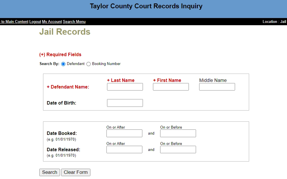 A screenshot showing the Jail Records Search tool offered by the Taylor County Court that is searchable either by providing the information of the defendant - such as the last and first name, DOB, booking date, and release date or by providing the booking number of the record.