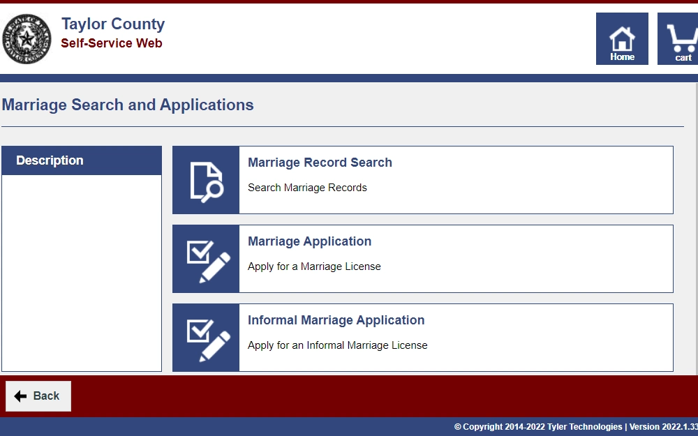 A screenshot of the Marriage Search and Applications maintained by the Taylor County Clerk's Office, namely the Marriage Record Search tool, Marriage Application, and the Informal Marriage Application.