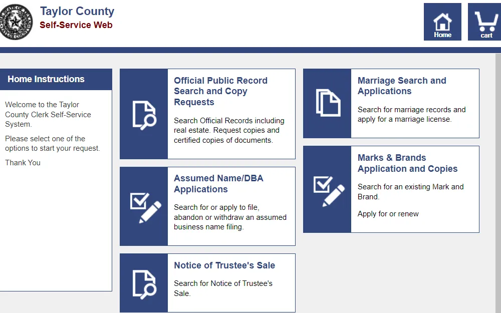 A screenshot of the Self-Service System of the Taylor County Clerk showing several tools that searchers may use to locate a record or other type of service, namely: Official Public Record Search and Copy Requests, Marriage Search and Applications, Assumed Name/DBA Applications, and Marks & Brands Application and Copies.