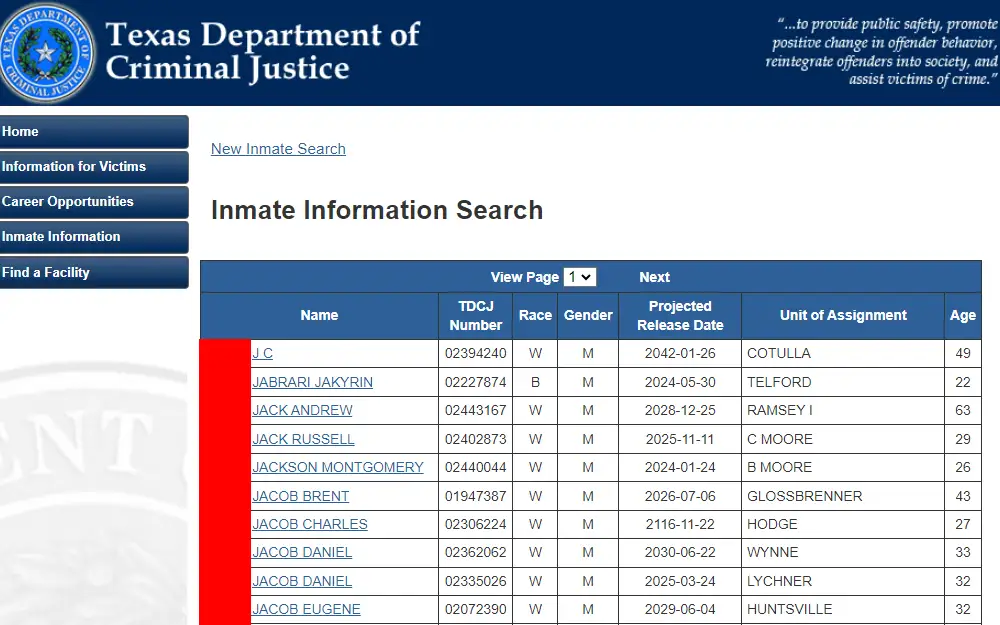 A screenshot of the sample inmate summary results from the inmate information search done through the Texas Department of Criminal Justice website displaying each inmate's name, TDCJ number, race, gender, projected release date, unit of assignment, and age.