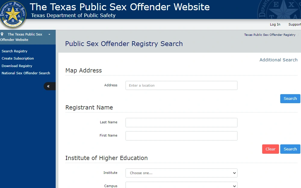 A screenshot of the Texas Public Sex Offender Website maintained by the Texas Department of Public Safety shows several options to find the offenders by providing the map address, registrant's name, institute of higher education information and others.
