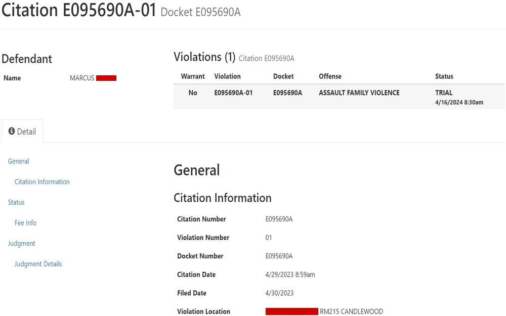 A screenshot from the Abilene Municipal Court featuring a court citation record with a docket number detailing the defendant's name, the citation number, offense type, current status of the case, and general citation information like issue and filing dates and violation location.