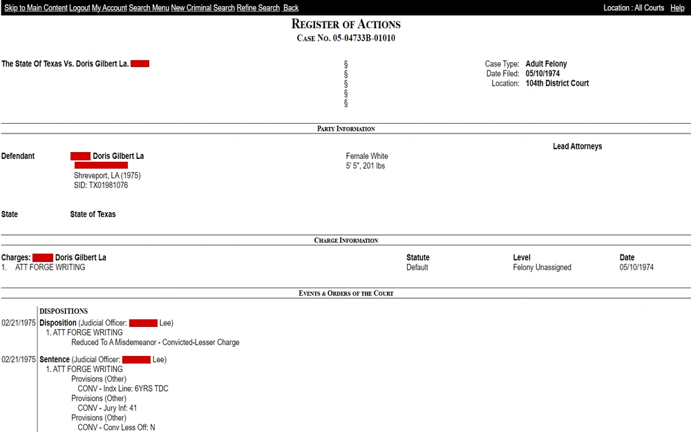 A screenshot from the Taylor County Court featuring the register of actions for a case, including details such as the case number, the defendant's information, the charge of forged writing, and related court dispositions and sentences.