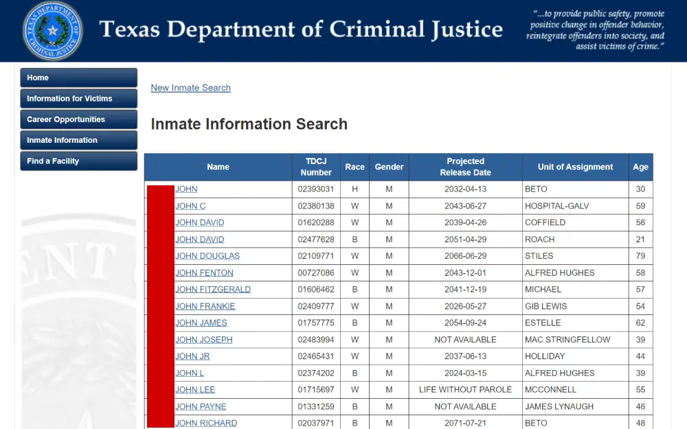 A screenshot from the Texas Department of Criminal Justice featuring a list of incarcerated individuals with their names, identification numbers, races, genders, projected release dates, current units of assignment, and ages.