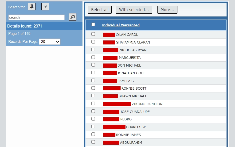 A screenshot of the list of outstanding warrants from the database maintained by Abilene City displays a search input field and the list itself with the names of the wanted people.