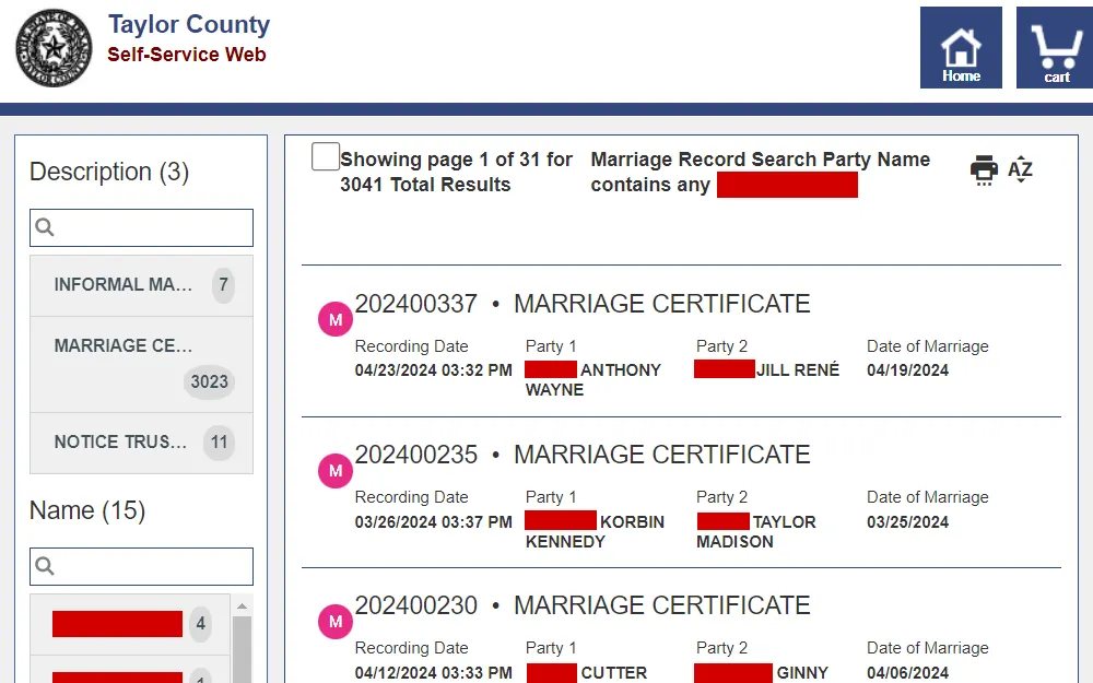 A screenshot of the results from the marriage records search feature of the Taylor County Clerk's Office displays a side panel for filters and the results themselves with the certificate numbers, recording dates, party names, and marriage dates.