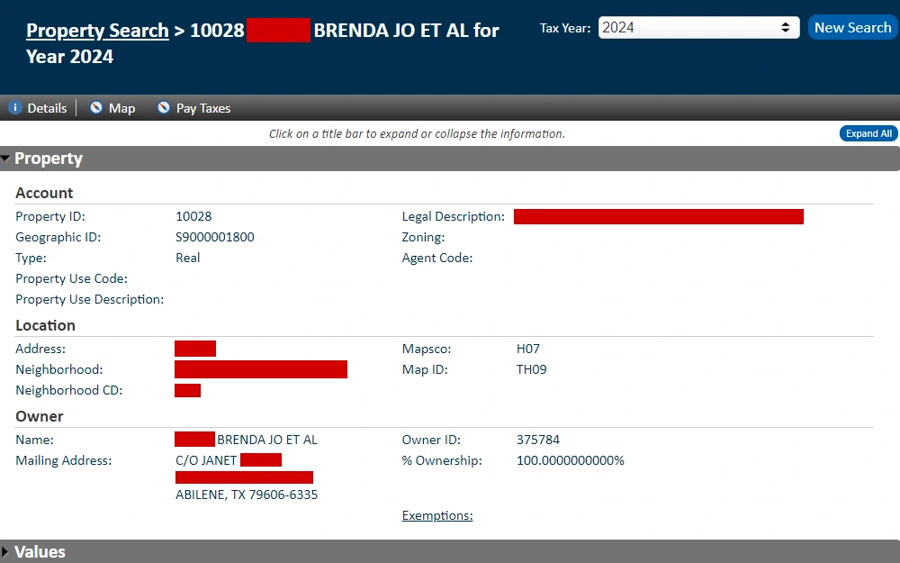 A screenshot of property information from the Taylor County Central Appraiser District shows the account, location, and owner information under the "Property" drop-down section.