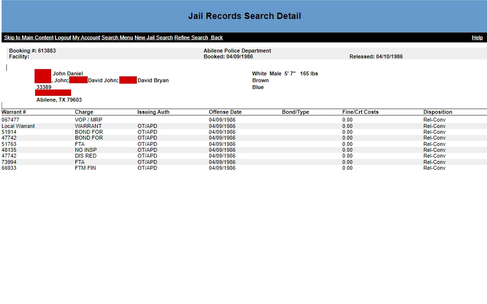 A screenshot of the jail records search tool provided by the Taylor County Sheriff's Office displays the inmate's information, including the name, birth date, address, physical description, warrant number, charges, issuing authority, offense date, fines, and disposition.